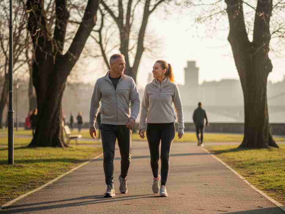 srednjovečni par se šeta u parku