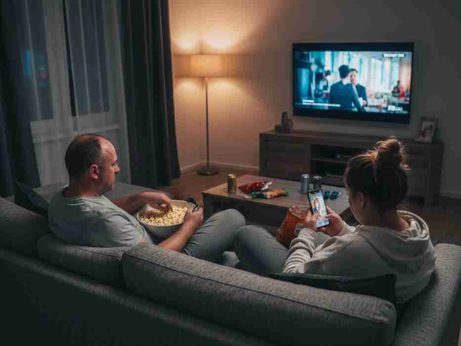 srednjovečni par sedi u sobi